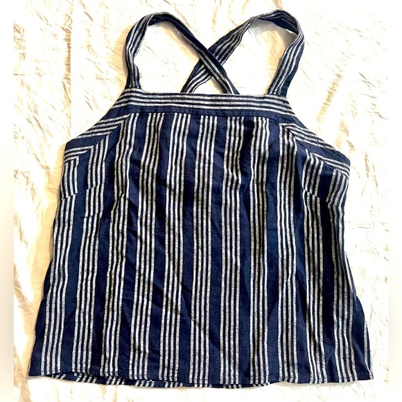 LOFT Striped Navy and White Women's Tank Top w Button Straps Size 0 Petite NWT - Picture 1 of 13